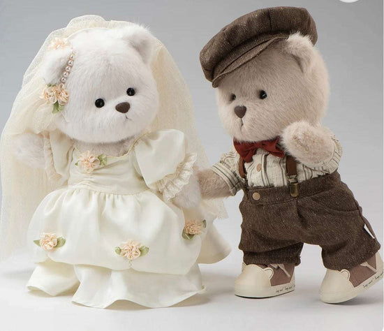 Adorable teddy bears in wedding attire, showcasing a 30 Cm love letter dress girl outfit and groom's suit.